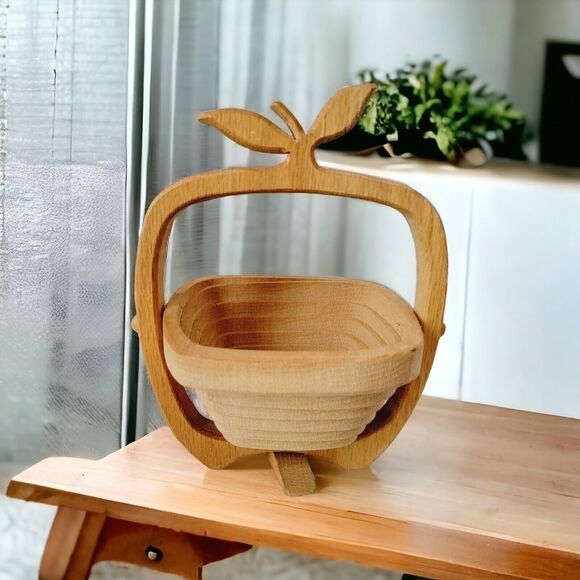 Vtg Basket Apple Shaped Tan Wooden Cut Collapsible Accent Fruit Holder Handmade - Picture 6 of 12